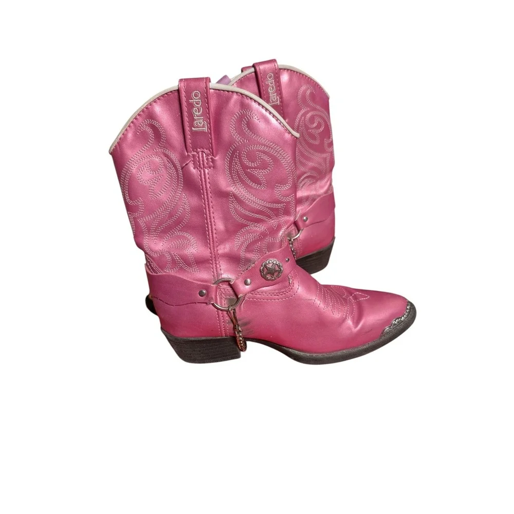 Laredo Kids Metallic Pink Western Cowgirl Boots Star Concho Harness Size 2D